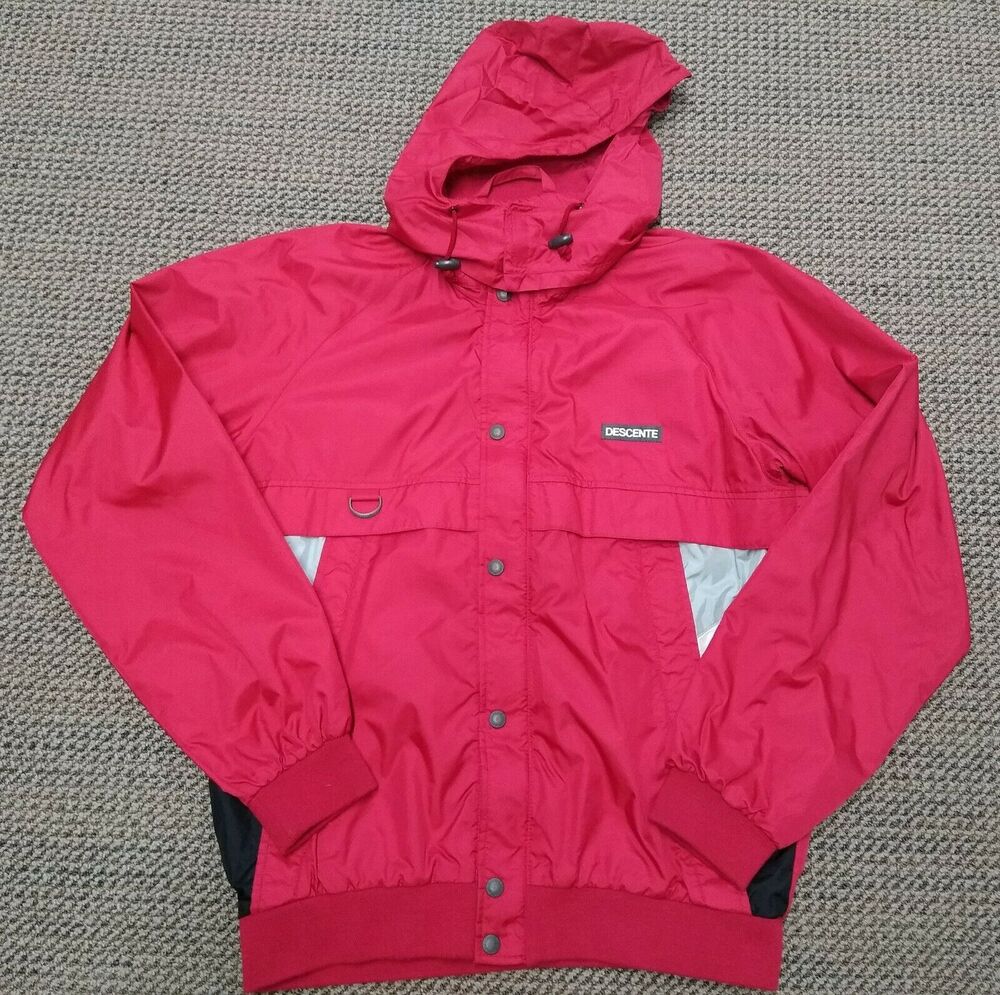 VTG Descente Red Casual Jacket Removable Hood Windbreaker Coat Adult Size Large